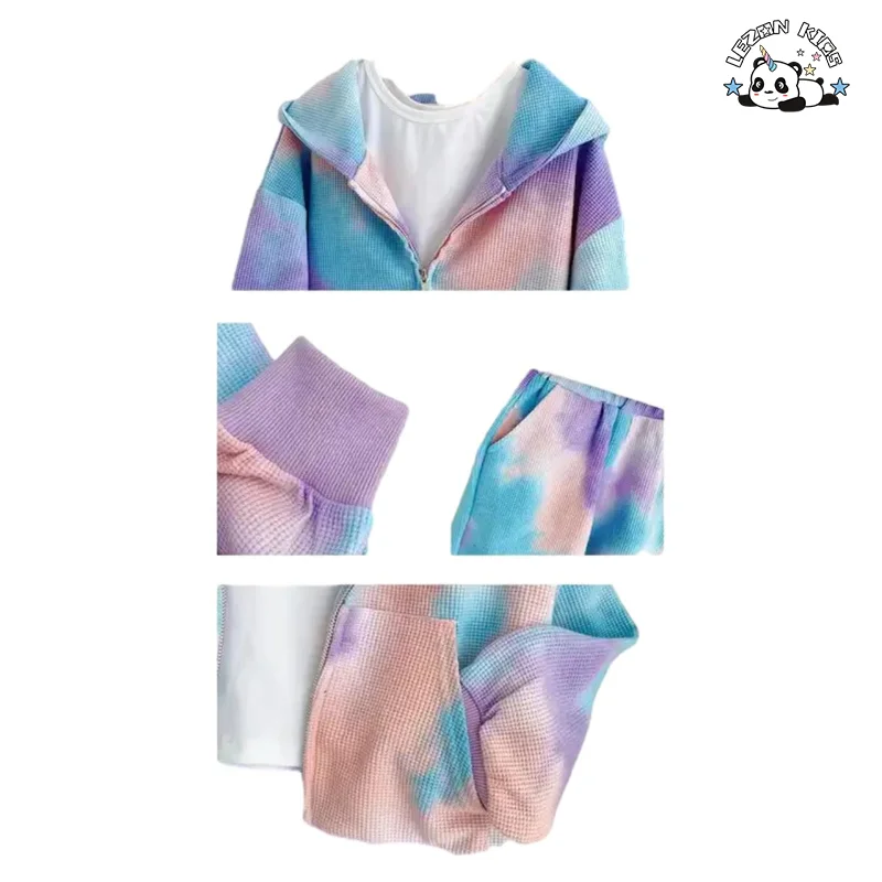 LEZONKIDS - Conjuntos de Roupas Infantis Unisex Casuais Esportivos com Capuz e Zíper, Camisa e Short para Meninos e Meninas com Estampa Tie Dye